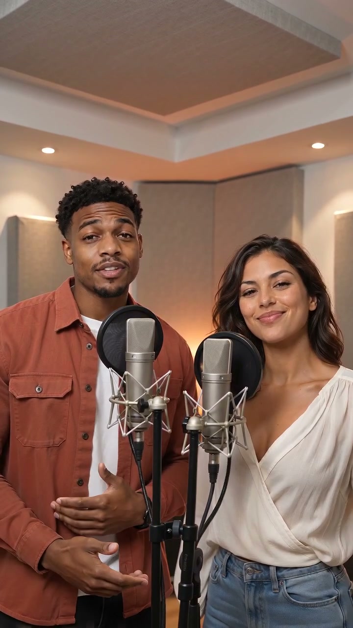 Fiktives Duo in einem generierten Rap-Video in der orangen Kabine